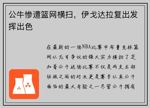 公牛惨遭篮网横扫，伊戈达拉复出发挥出色