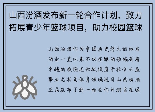 山西汾酒发布新一轮合作计划，致力拓展青少年篮球项目，助力校园篮球发展